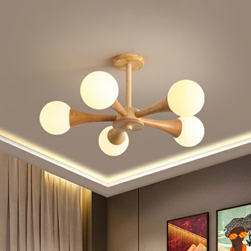 Nordic Milky Glass Bedroom Chandelier With Wooden Arm - Burst Ball Suspension Light
