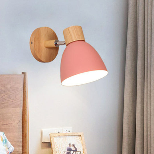 Swivel Macaron Bell Shade Wall Light With Wood Decor - Single Metal Bedroom Mount