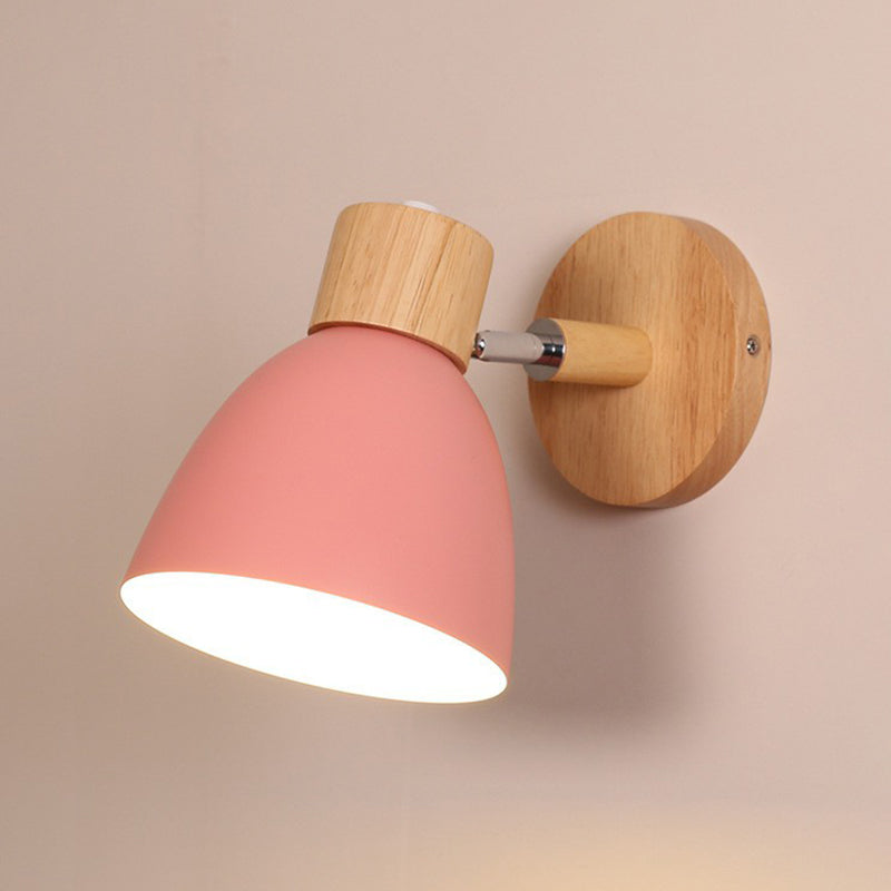 Swivel Macaron Bell Shade Wall Light With Wood Decor - Single Metal Bedroom Mount Pink