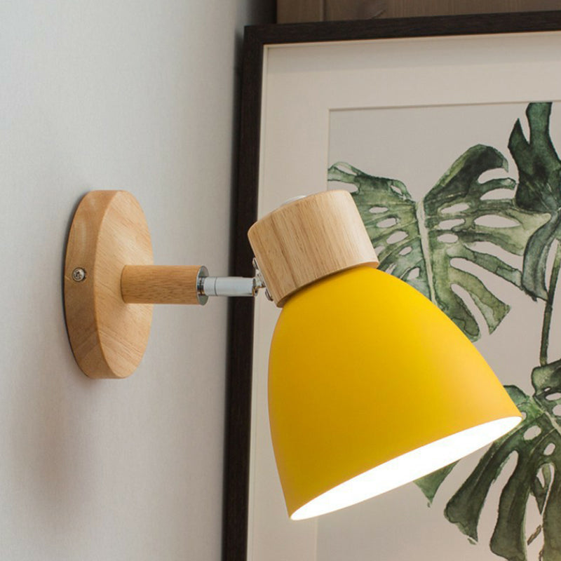 Swivel Macaron Bell Shade Wall Light With Wood Decor - Single Metal Bedroom Mount Yellow