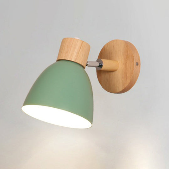 Swivel Macaron Bell Shade Wall Light With Wood Decor - Single Metal Bedroom Mount Green