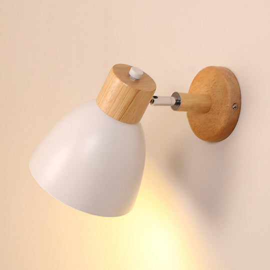 Swivel Macaron Bell Shade Wall Light With Wood Decor - Single Metal Bedroom Mount White