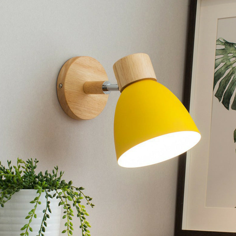 Swivel Macaron Bell Shade Wall Light With Wood Decor - Single Metal Bedroom Mount