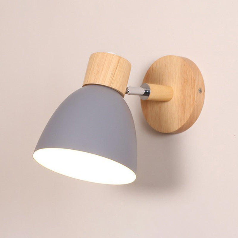 Swivel Macaron Bell Shade Wall Light With Wood Decor - Single Metal Bedroom Mount Grey