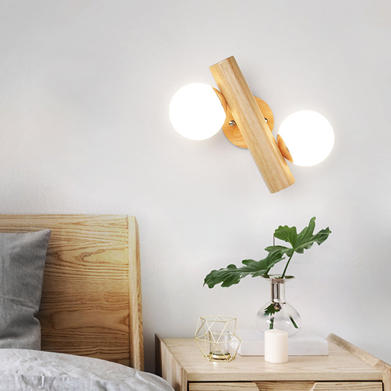Nordic White Glass Ball Rotating Wall Lamp With Wood Mount - Ideal For Bedroom Lighting