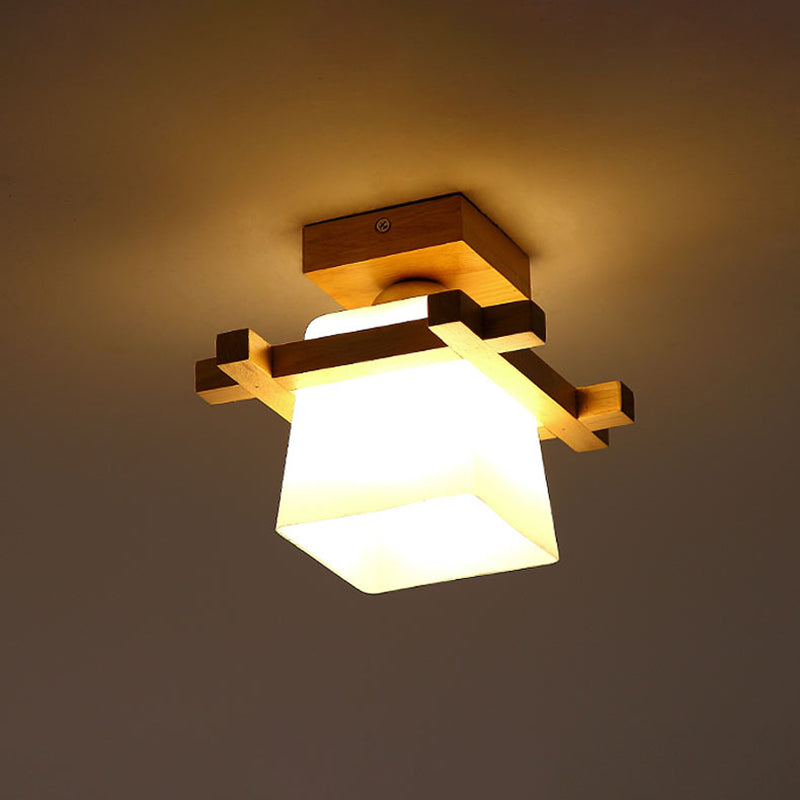 Semi Flush Wood Ceiling Lamp With Hand - Blown Milk Glass Shade For Balcony