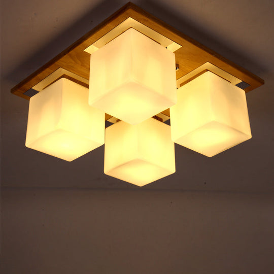 Modern Nordic Opal Glass Cube Semi Flush Ceiling Light With 4-Lights - Wood Bedroom Mount Lamp