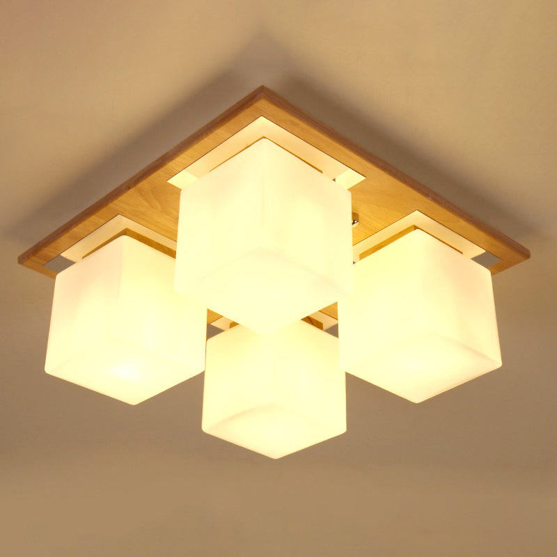 Modern Nordic Opal Glass Cube Semi Flush Ceiling Light With 4 - Lights - Wood Bedroom Mount Lamp
