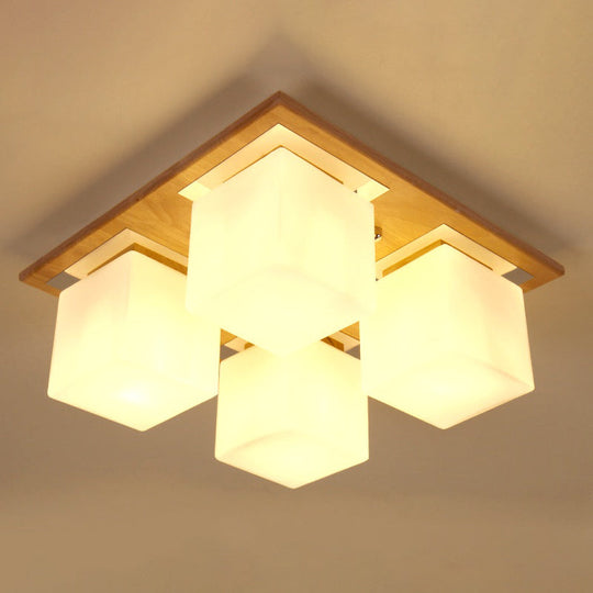 Modern Nordic Opal Glass Cube Semi Flush Ceiling Light With 4 - Lights - Wood Bedroom Mount Lamp
