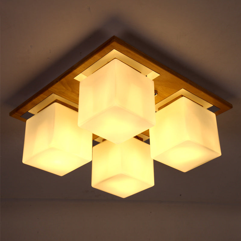 Modern Nordic Opal Glass Cube Semi Flush Ceiling Light With 4 - Lights - Wood Bedroom Mount Lamp