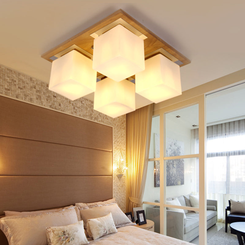 Modern Nordic Opal Glass Cube Semi Flush Ceiling Light With 4 - Lights - Wood Bedroom Mount Lamp