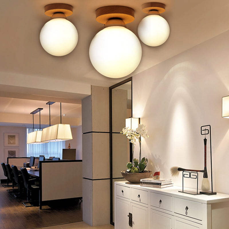 Simple Style Wood Flush Light - Blown White Glass Sphere Corridor Ceiling Lighting (1 Head)