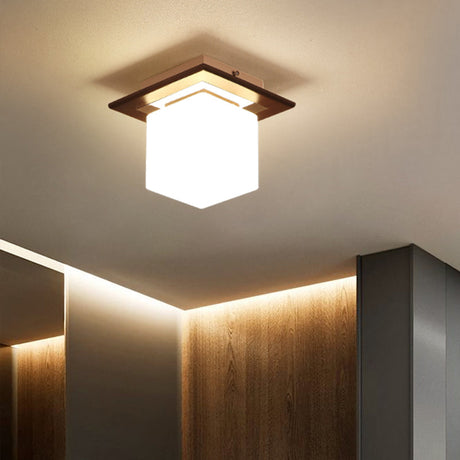 Geometric Flush Mount Ceiling Light Fixture - Modern Wooden Design (1-Light Brown)