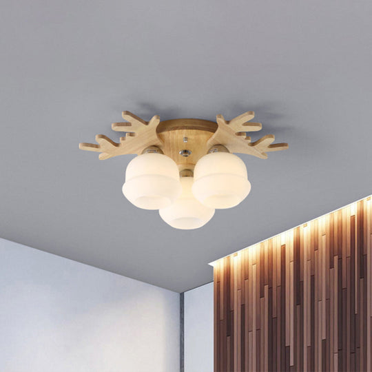 Nordic Wood Flush Mount Ceiling Light With Opal Glass & Antler Decor 3 /