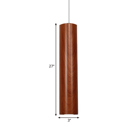 Modern Metal Brown Cylinder Ceiling Light With Wood Grain Shade - Warm/White Pendant For Living