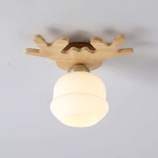 Nordic Wood Flush Mount Ceiling Light With Opal Glass & Antler Decor 1 /