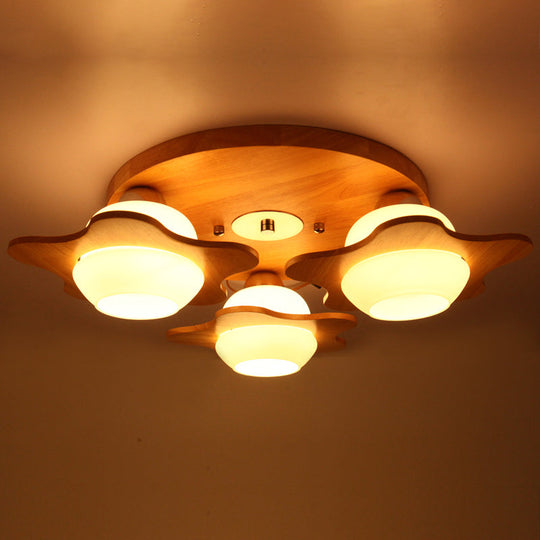 Modern Ivory Glass Flower Ceiling Light With 3 - Head Flush Mount For Bedroom In Wood Finish