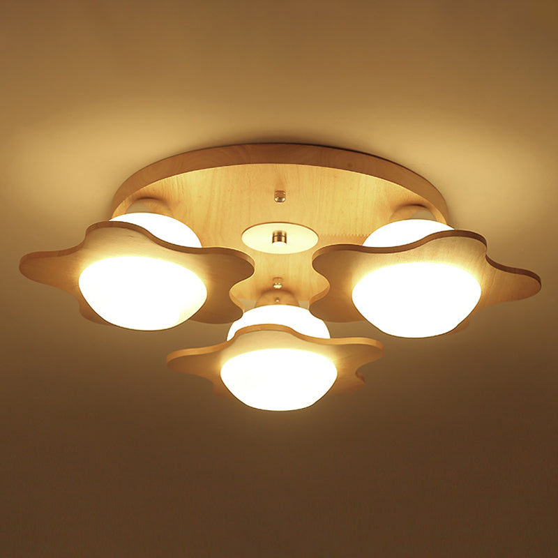 Modern Ivory Glass Flower Ceiling Light With 3 - Head Flush Mount For Bedroom In Wood Finish