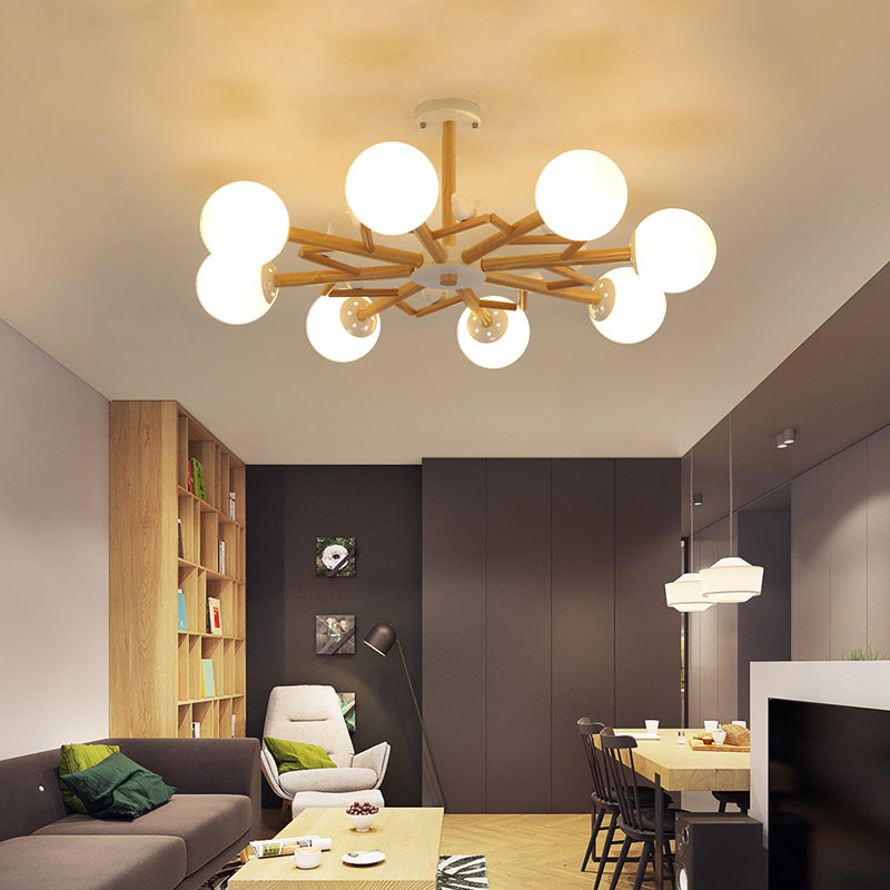 Wooden Nordic Ball Chandelier: Cream Glass Living Room Hanging Light With Bird Decor