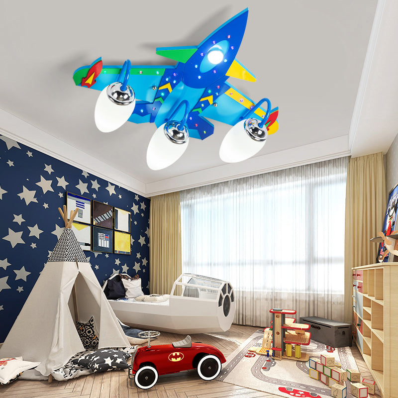 Blue Wooden Cartoon Jet Ceiling Lamp For Children’s Bedroom