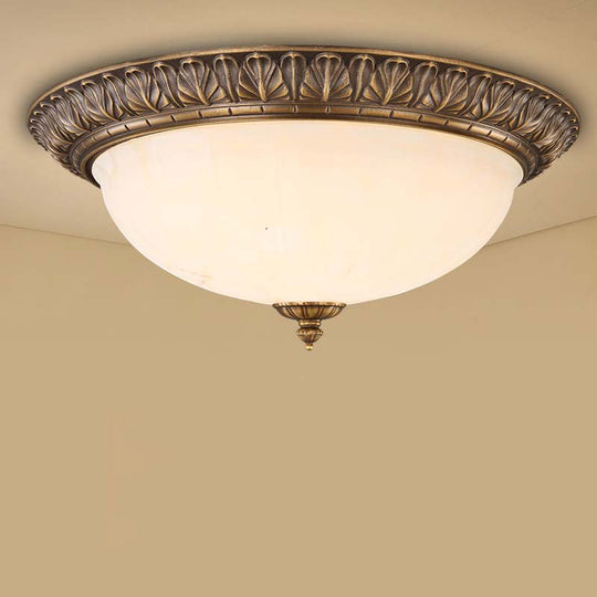 Bronze Antique Domed Flush Light With Milky Glass Ceiling Mount For Bedroom 3 / Leaf
