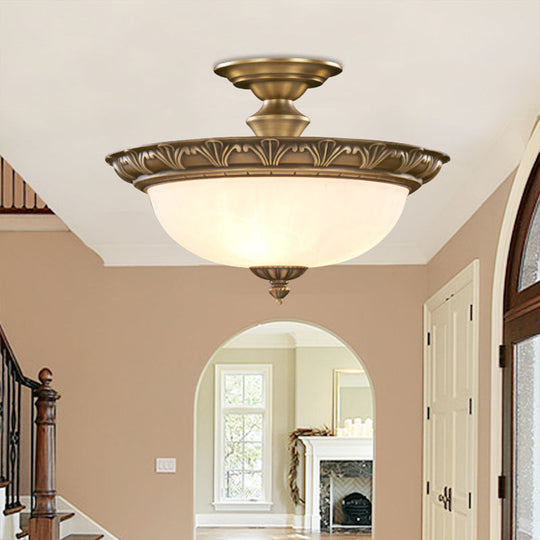 Traditional Bronze Bowl - Shaped Ceiling Lamp With Opal Glass - Elegant Semi - Mount Lighting For