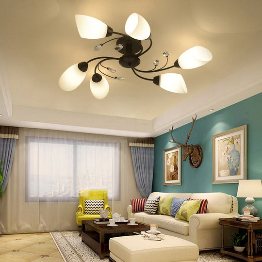 Rustic Black Opal Glass Semi Flush Ceiling Light Fixture With Floral Swirl Design - Ideal For