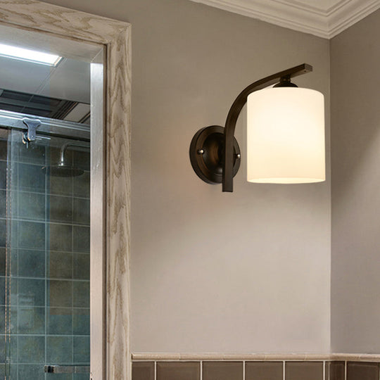 Vintage Cylindrical White Glass Wall Sconce With Curved Black Arm