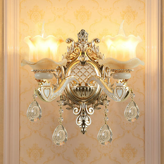 Traditional Beige Flower Wall Sconce With Crystal Drop For Hallways - Jade Light