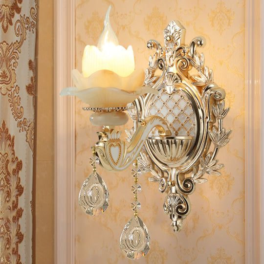 Traditional Beige Flower Wall Sconce With Crystal Drop For Hallways - Jade Light 1 /