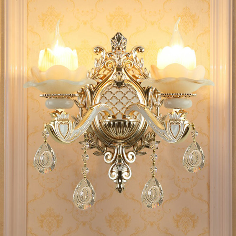 Traditional Beige Flower Wall Sconce With Crystal Drop For Hallways - Jade Light 2 /