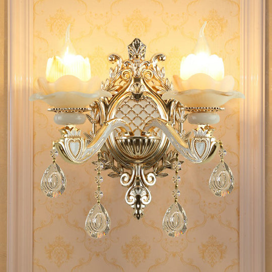 Traditional Beige Flower Wall Sconce With Crystal Drop For Hallways - Jade Light