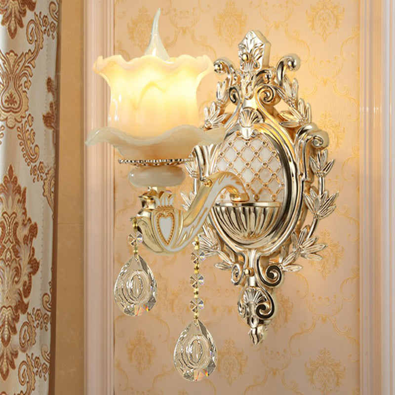 Traditional Beige Flower Wall Sconce With Crystal Drop For Hallways - Jade Light
