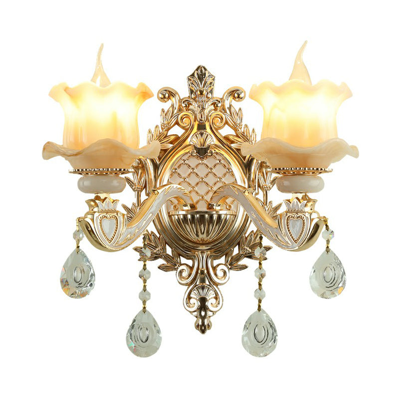 Traditional Beige Flower Wall Sconce With Crystal Drop For Hallways - Jade Light