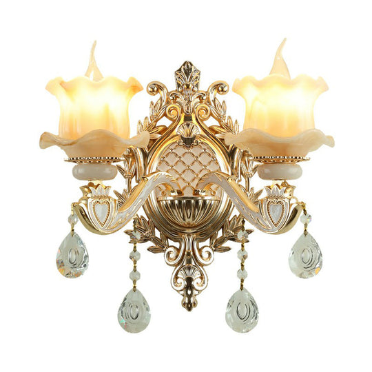 Traditional Beige Flower Wall Sconce With Crystal Drop For Hallways - Jade Light