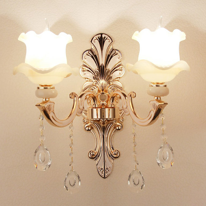 Vintage Silver Wall Sconce With Frosted Glass Blossom Shade And Crystal Deco 2 / Lace