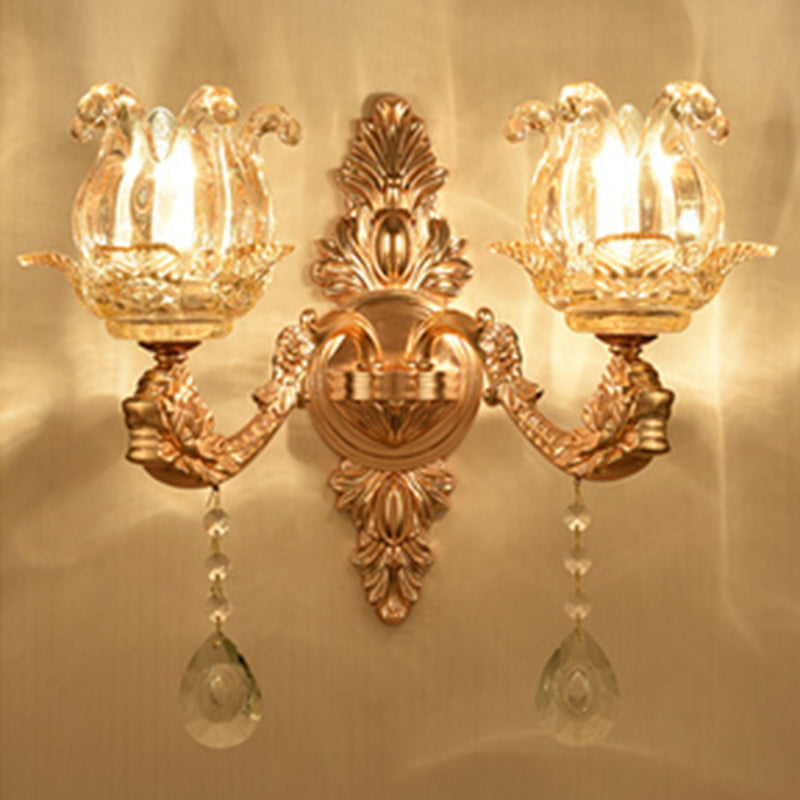 Gold Floral Glass Wall Mount Lamp - Traditional 2-Light Fixture For Corridor Lighting Clear / Flower