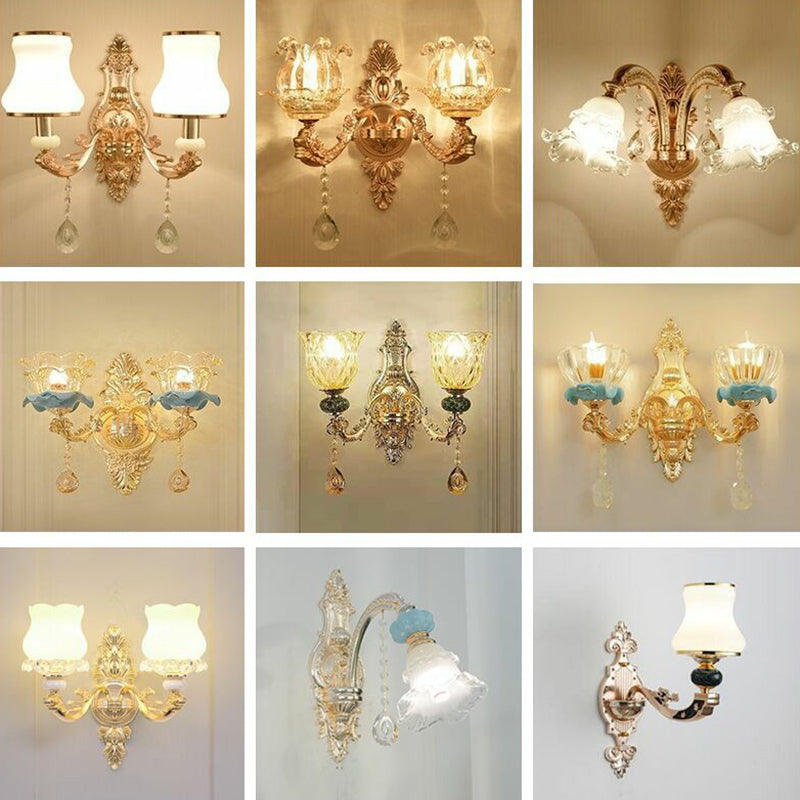Gold Floral Glass Wall Mount Lamp - Traditional 2-Light Fixture For Corridor Lighting