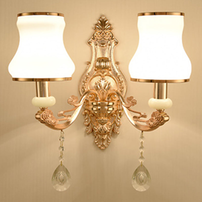 Gold Floral Glass Wall Mount Lamp - Traditional 2-Light Fixture For Corridor Lighting White / Arc