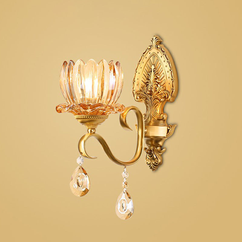 Retro Clear Prismatic Glass Brass Wall Sconce With Decorative Crystal Flower Living Room Light 1 /