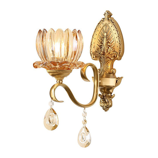 Retro Clear Prismatic Glass Brass Wall Sconce With Decorative Crystal Flower Living Room Light