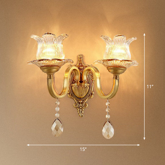 Retro Clear Prismatic Glass Brass Wall Sconce With Decorative Crystal Flower Living Room Light 2 /