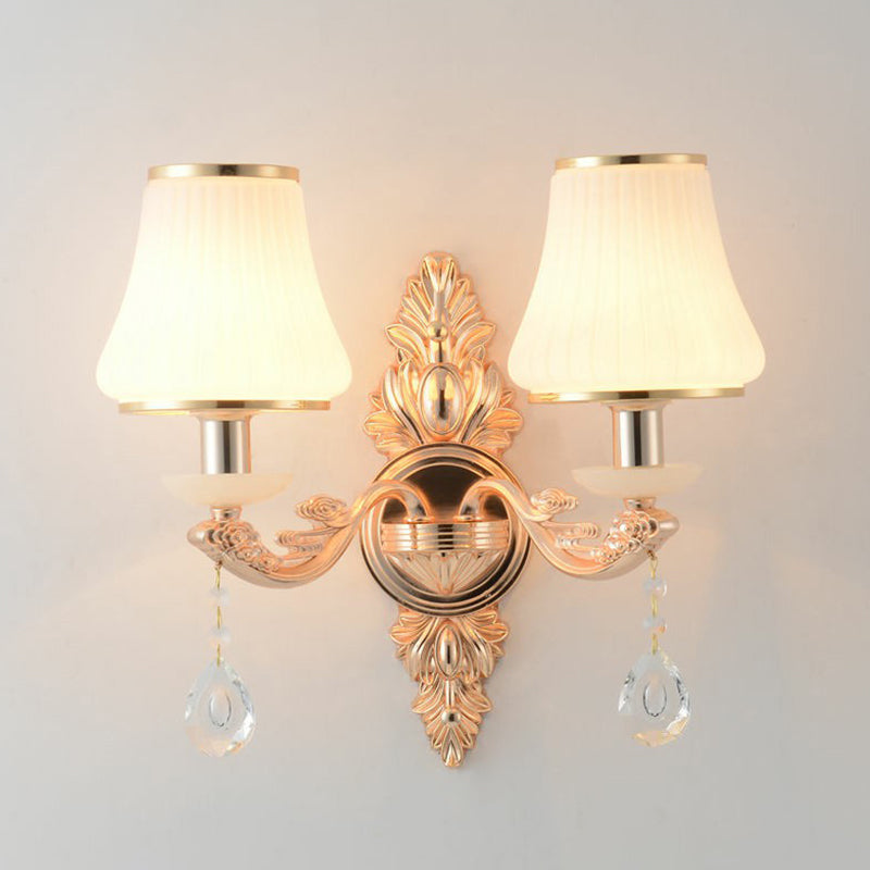 Minimalist Flared White Glass Wall Light With Teardrop Crystal - Perfect For Living Room Sconce 2 /