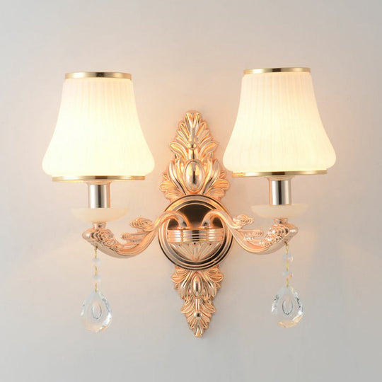 Minimalist Flared White Glass Wall Light With Teardrop Crystal - Perfect For Living Room Sconce 2 /