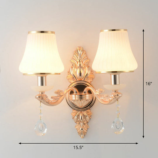 Minimalist Flared White Glass Wall Light With Teardrop Crystal - Perfect For Living Room Sconce