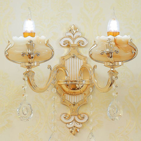 Classic Beige Candle Wall Sconce With Faux Jade Glass - Bedroom Lighting Fixture 2 / Flower Shape