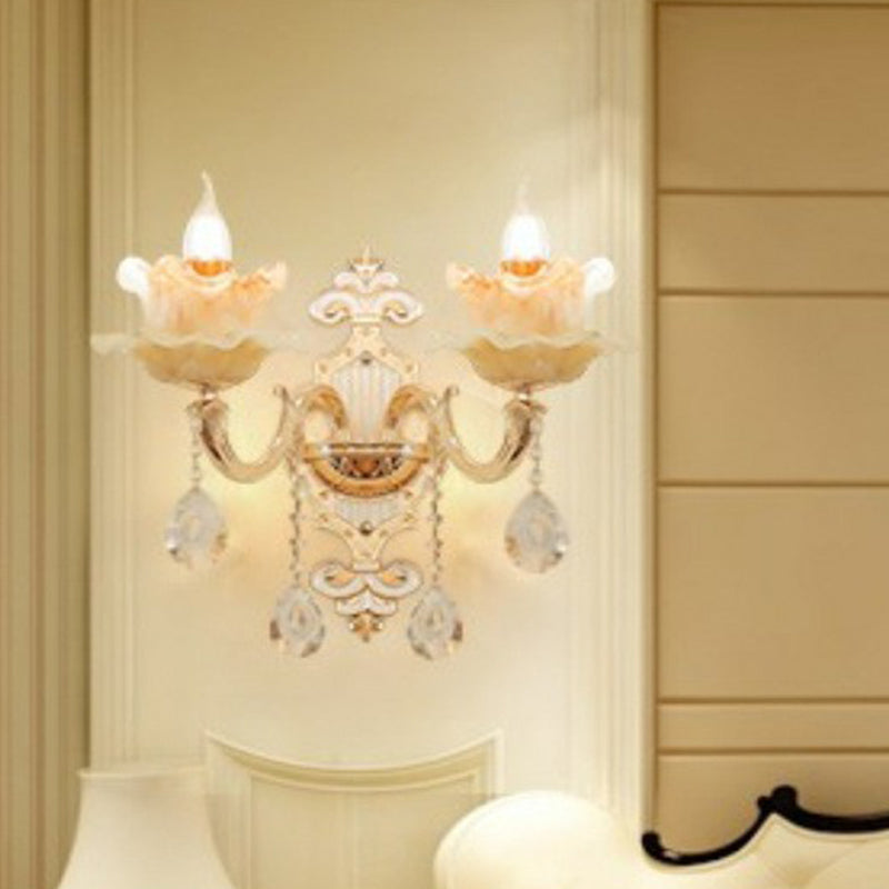Classic Beige Candle Wall Sconce With Faux Jade Glass - Bedroom Lighting Fixture 2 / Lotus