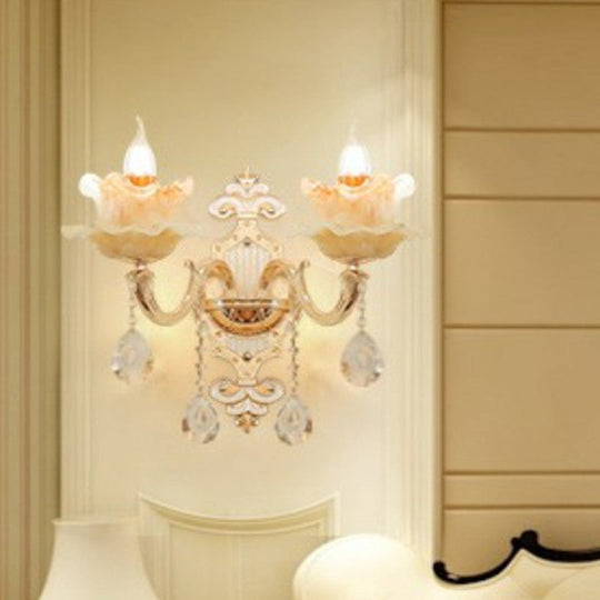 Classic Beige Candle Wall Sconce With Faux Jade Glass - Bedroom Lighting Fixture 2 / Lotus