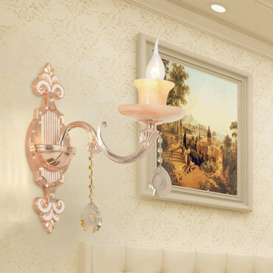 Classic Beige Candle Wall Sconce With Faux Jade Glass - Bedroom Lighting Fixture 1 / Flame