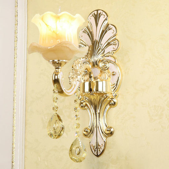 Flower Wall Sconce With Faux Jade Glass And Crystal Drops In Silver 1 / Shape